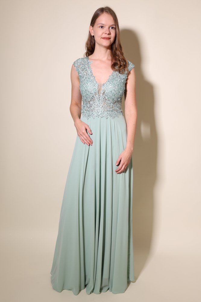 Ballkleid mit breiten Trägern und funkelnder Spitze, hellgrün - Dein Kleiderladen