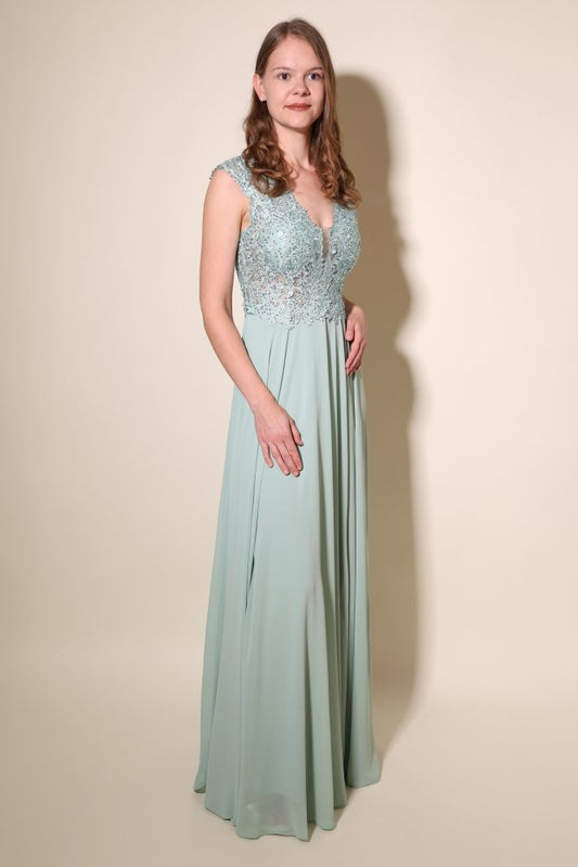 Ballkleid mit breiten Trägern und funkelnder Spitze, hellgrün - Dein Kleiderladen