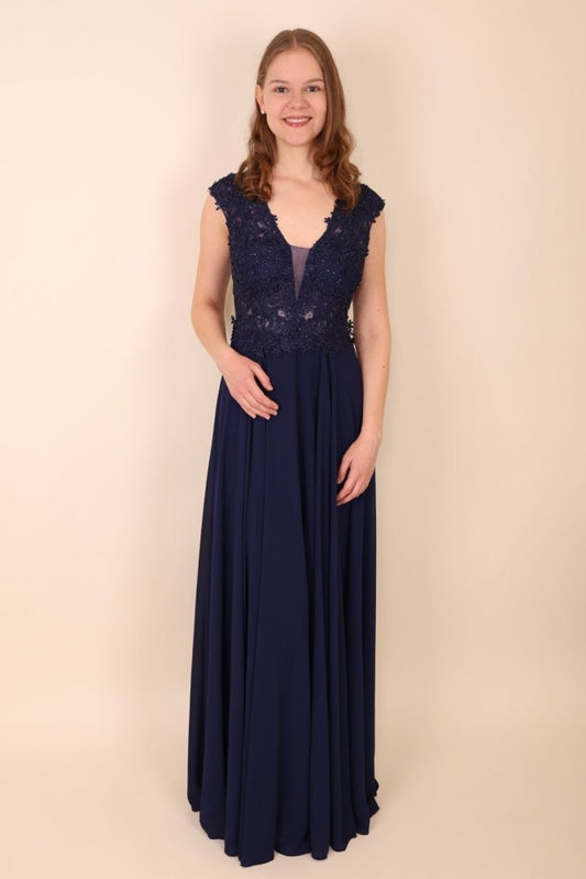 Ballkleid mit breiten Trägern und funkelnder Spitze, marineblau - Dein Kleiderladen