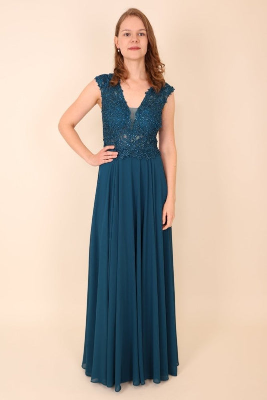 Ballkleid mit breiten Trägern und funkelnder Spitze, petrol - Dein Kleiderladen