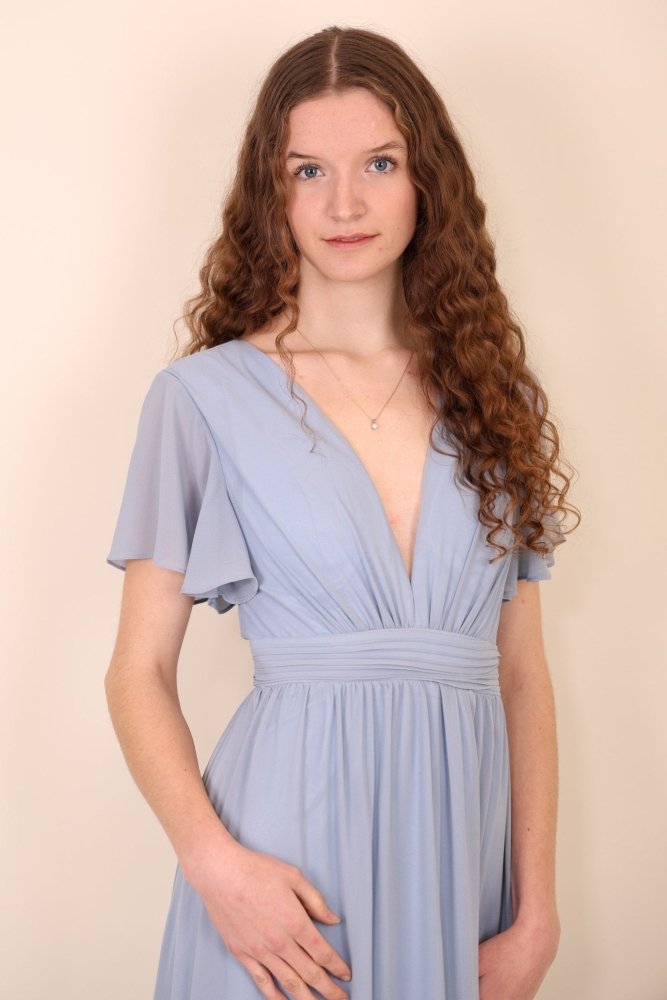 Ballkleid mit kurzen Ärmeln & V - Ausschnitt, hellblau - Dein Kleiderladen