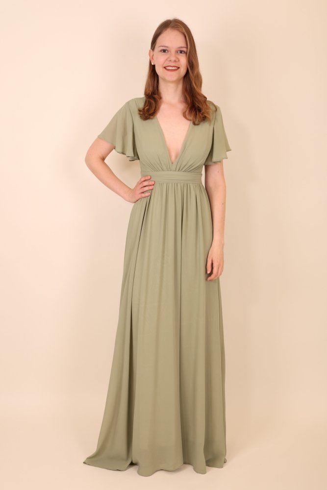 Ballkleid mit kurzen Ärmeln & V - Ausschnitt, oliv - Dein Kleiderladen