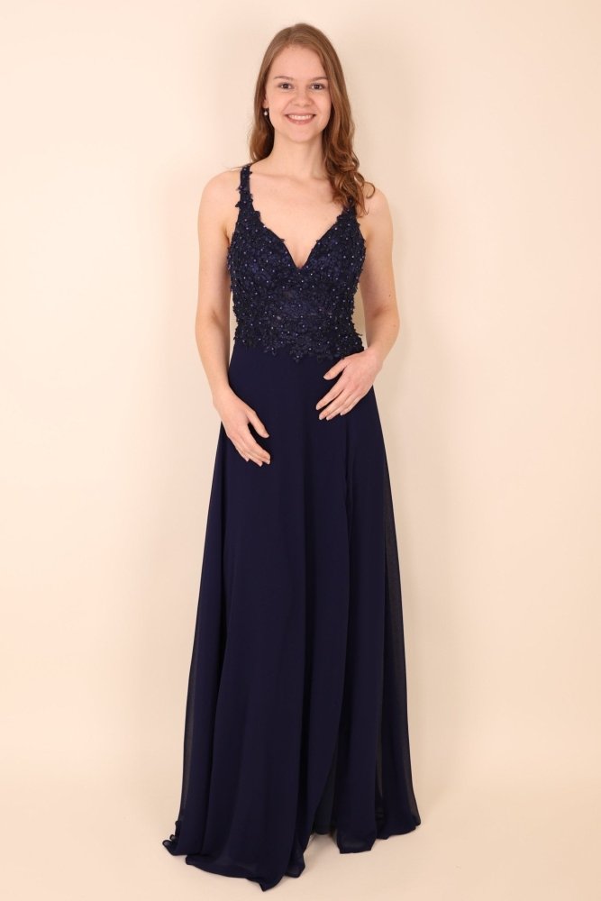 Ballkleid mit raffiniertem Oberteil & Schlitz, dunkelblau - Dein Kleiderladen