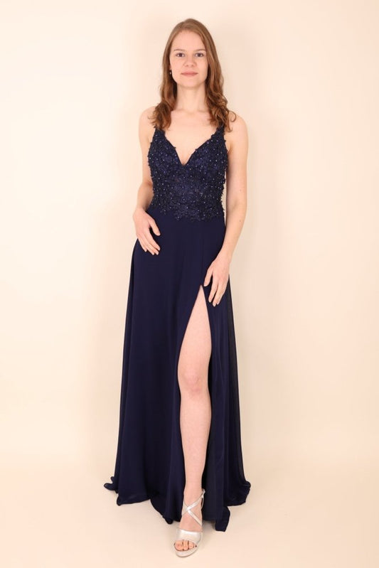 Ballkleid mit raffiniertem Oberteil & Schlitz, dunkelblau - Dein Kleiderladen