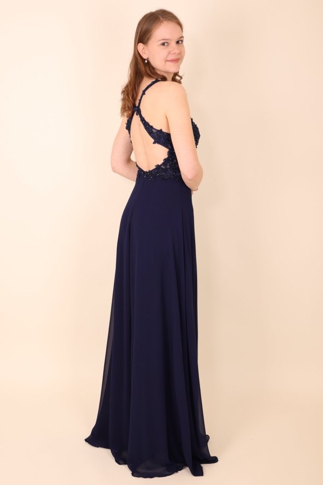 Ballkleid mit raffiniertem Oberteil & Schlitz, dunkelblau - Dein Kleiderladen