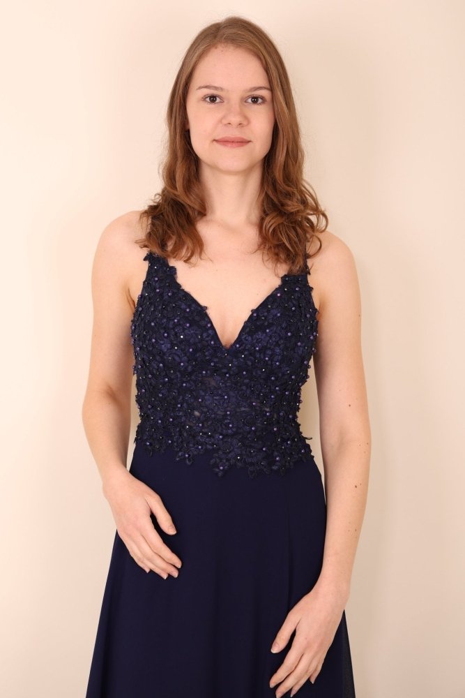 Ballkleid mit raffiniertem Oberteil & Schlitz, dunkelblau - Dein Kleiderladen