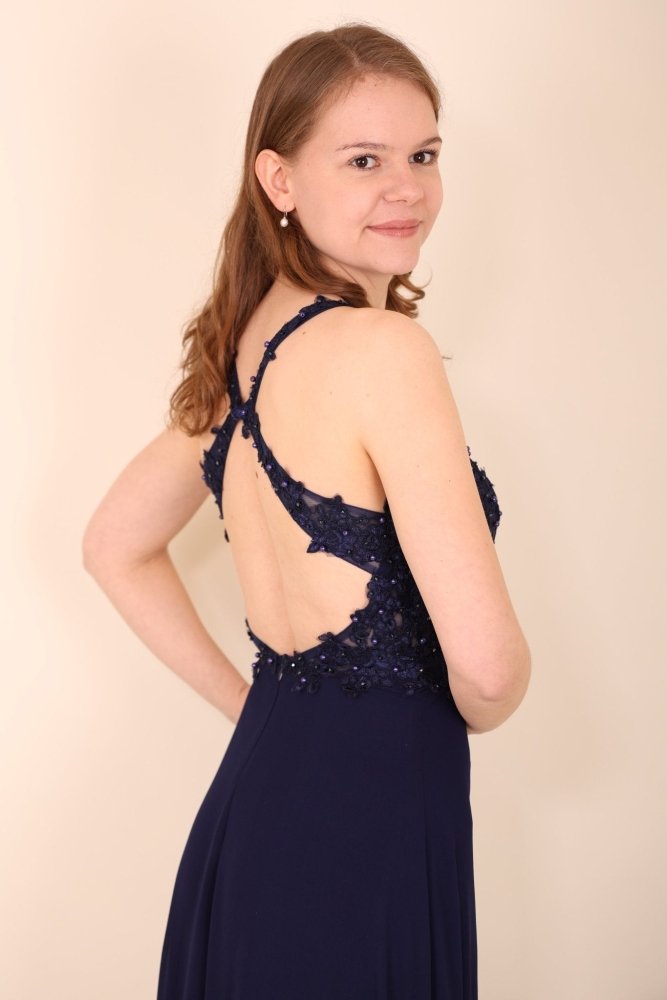 Ballkleid mit raffiniertem Oberteil & Schlitz, dunkelblau - Dein Kleiderladen