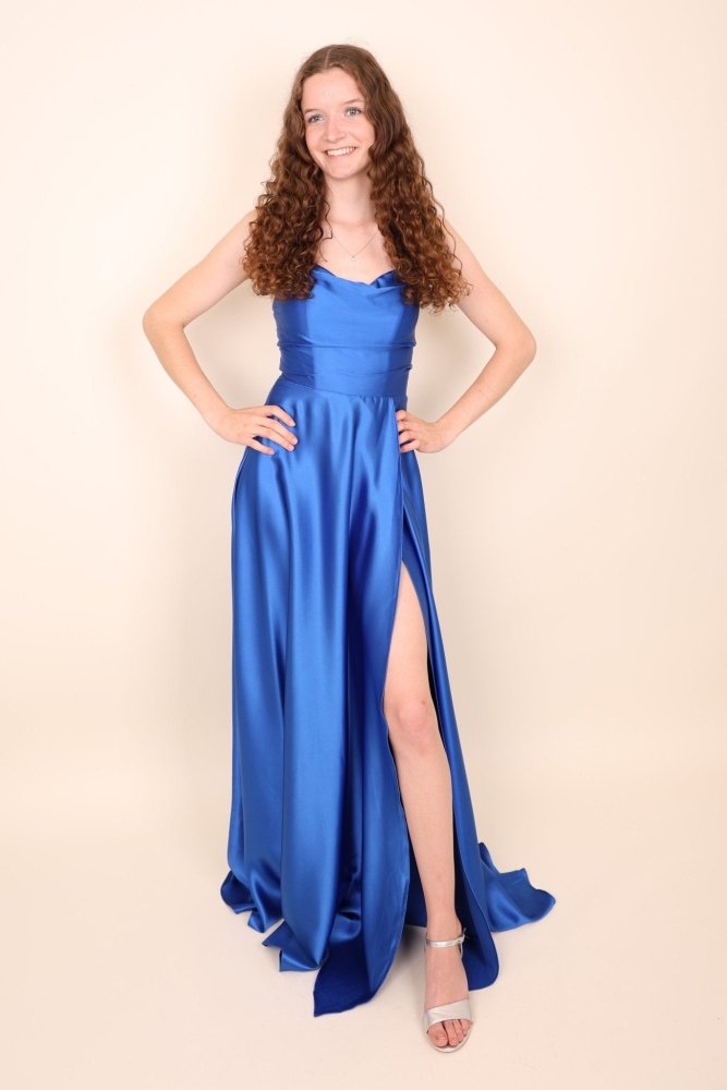 Ballkleid - Satin mit Schnürung, Schlitz und Wasserfallausschnitt, royalblau - Dein Kleiderladen