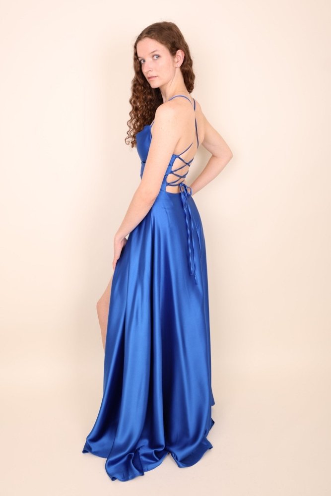 Ballkleid - Satin mit Schnürung, Schlitz und Wasserfallausschnitt, royalblau - Dein Kleiderladen