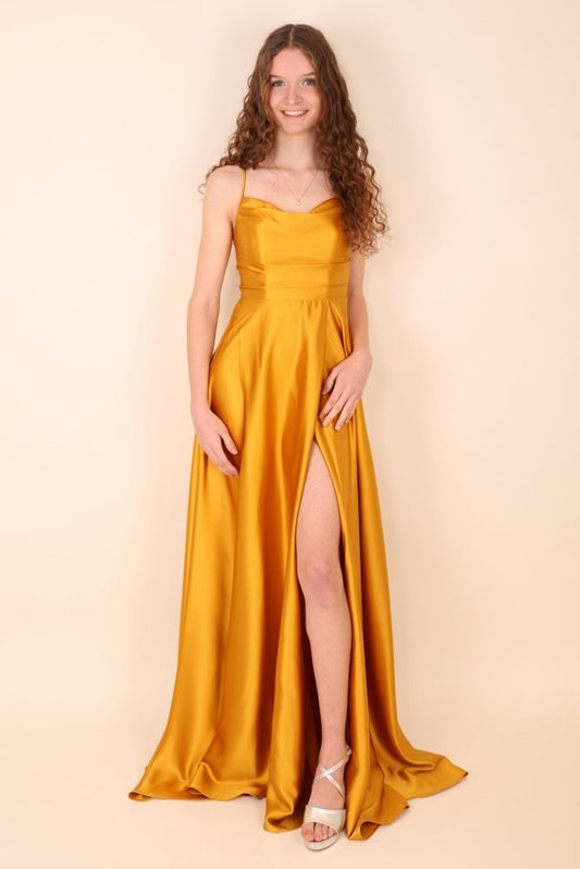 Ballkleid - Satin mit Schnürung, Schlitz und Wasserfallausschnitt, gold - Dein Kleiderladen