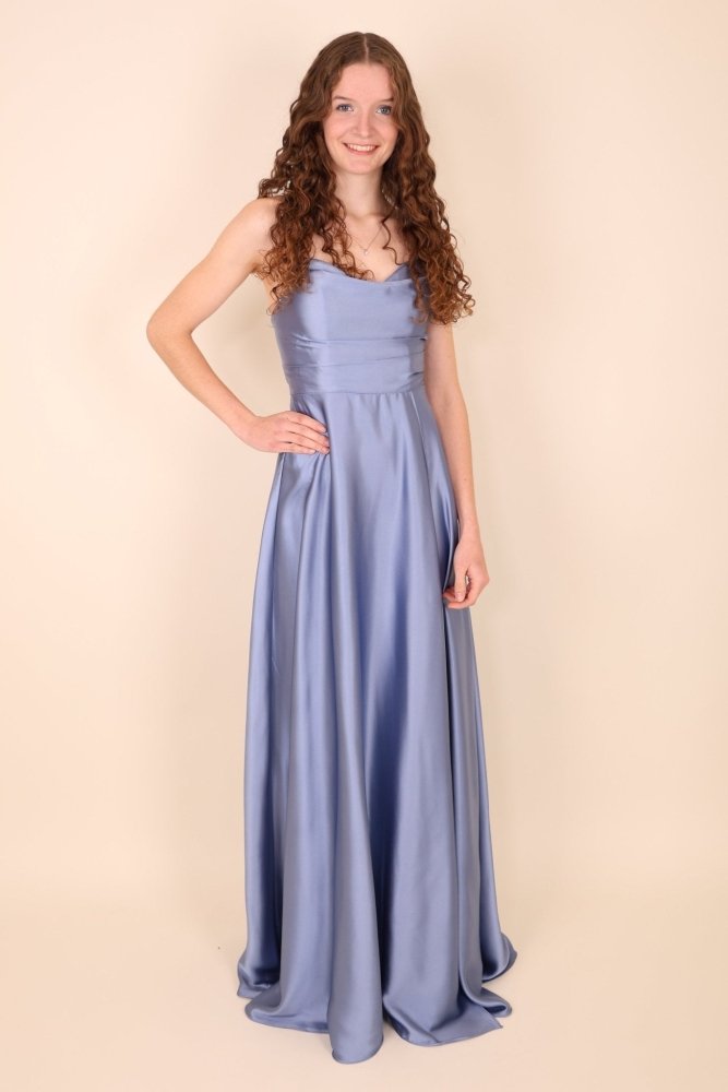 Ballkleid - Satin mit Schnürung, Schlitz und Wasserfallausschnitt, graublau - Dein Kleiderladen