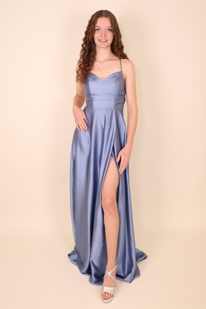 Ballkleid - Satin mit Schnürung, Schlitz und Wasserfallausschnitt, graublau - Dein Kleiderladen