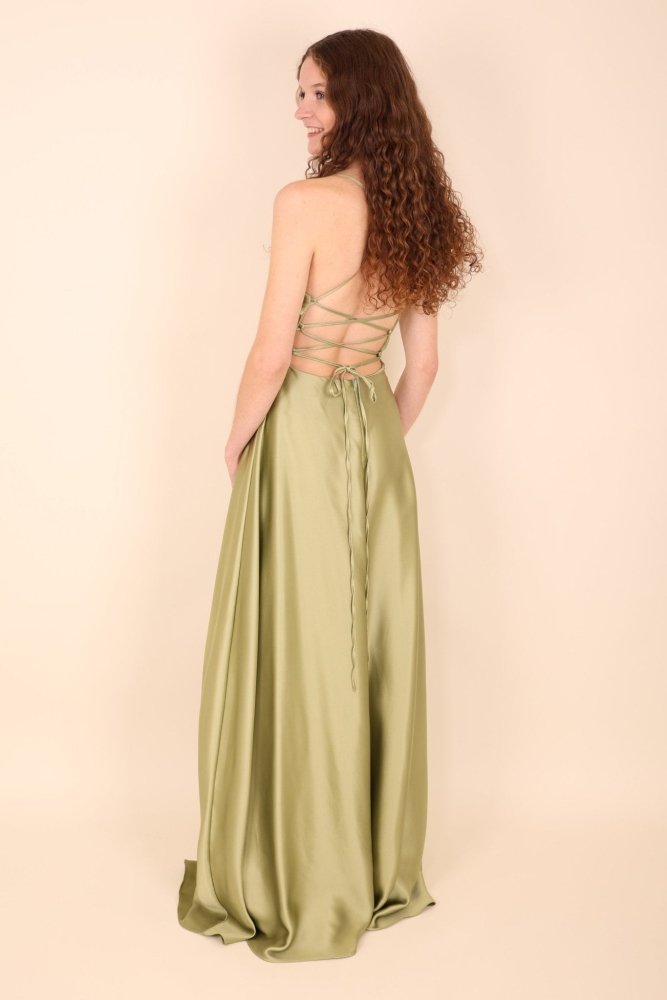 Ballkleid - Satin mit Schnürung, Schlitz und Wasserfallausschnitt, hellgrün - Dein Kleiderladen