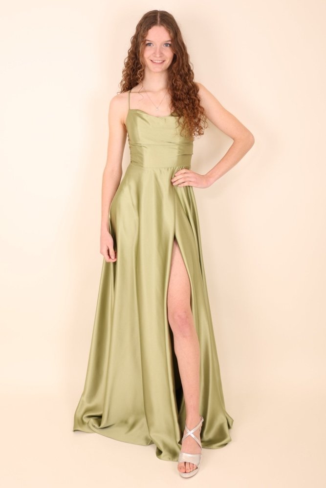 Ballkleid - Satin mit Schnürung, Schlitz und Wasserfallausschnitt, hellgrün - Dein Kleiderladen