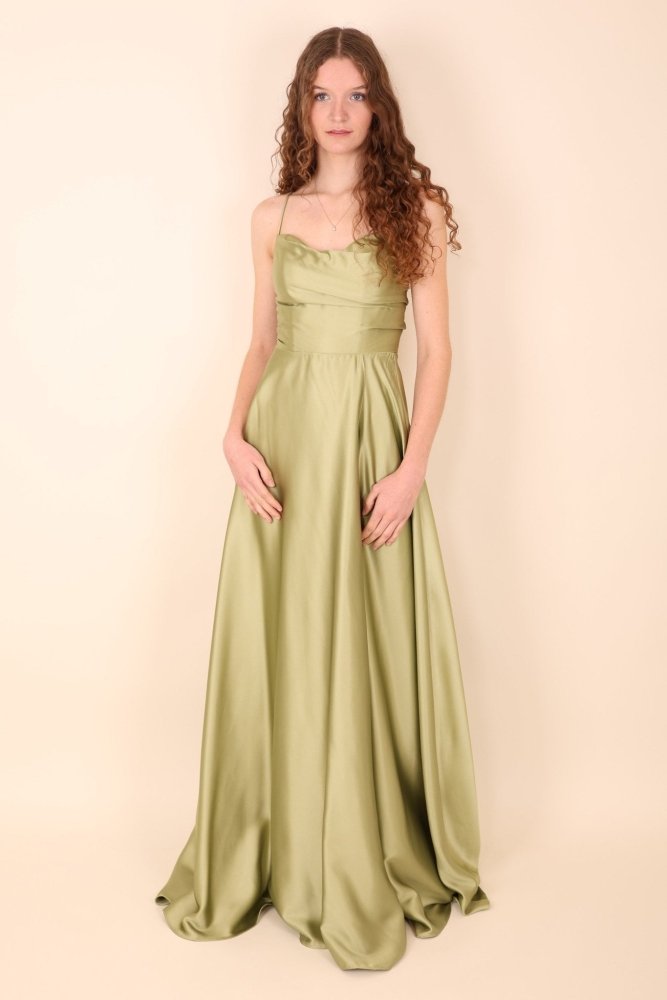 Ballkleid - Satin mit Schnürung, Schlitz und Wasserfallausschnitt, hellgrün - Dein Kleiderladen