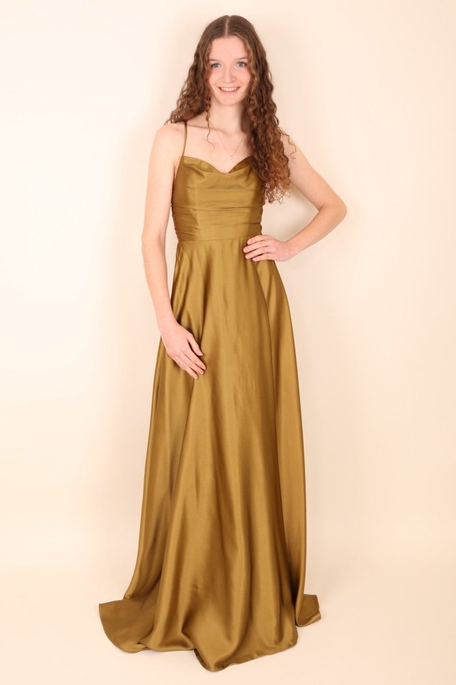 Abendkleid mit Schnürung, Wasserfallausschnitt und hohem Beinschlitz, kaki - Dein Kleiderladen