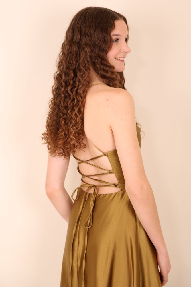Abendkleid mit Schnürung, Wasserfallausschnitt und hohem Beinschlitz, kaki - Dein Kleiderladen