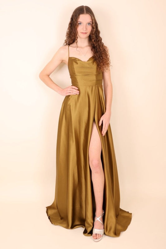 Ballkleid - Satin mit Schnürung, Schlitz und Wasserfallausschnitt, kaki - Dein Kleiderladen