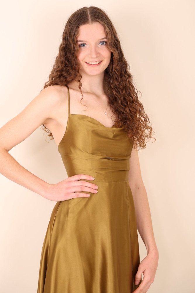 Abendkleid mit Schnürung, Wasserfallausschnitt und hohem Beinschlitz, kaki - Dein Kleiderladen
