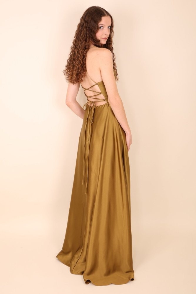 Abendkleid mit Schnürung, Wasserfallausschnitt und hohem Beinschlitz, kaki - Dein Kleiderladen