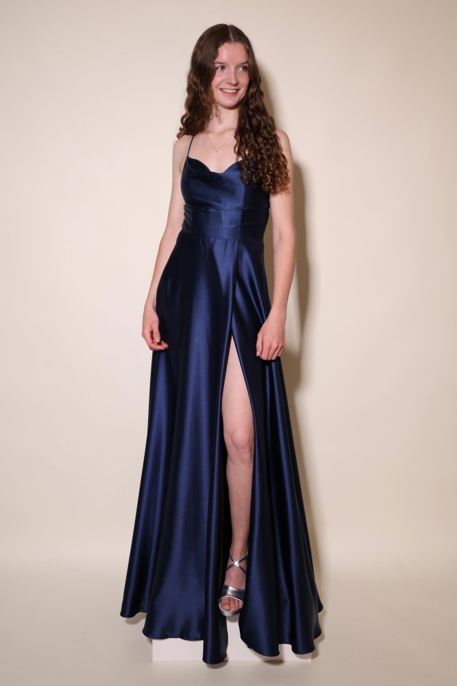 Ballkleid - Satin mit Schnürung, Schlitz und Wasserfallausschnitt, marineblau - Dein Kleiderladen
