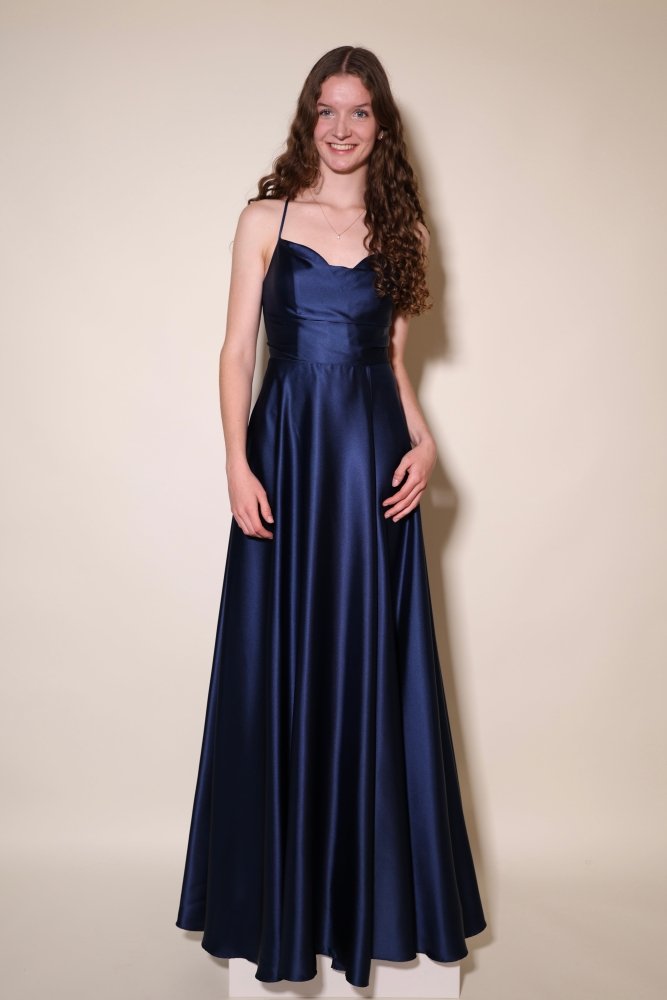 Ballkleid - Satin mit Schnürung, Schlitz und Wasserfallausschnitt, marineblau - Dein Kleiderladen