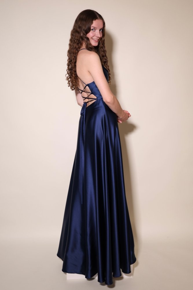 Ballkleid - Satin mit Schnürung, Schlitz und Wasserfallausschnitt, marineblau - Dein Kleiderladen