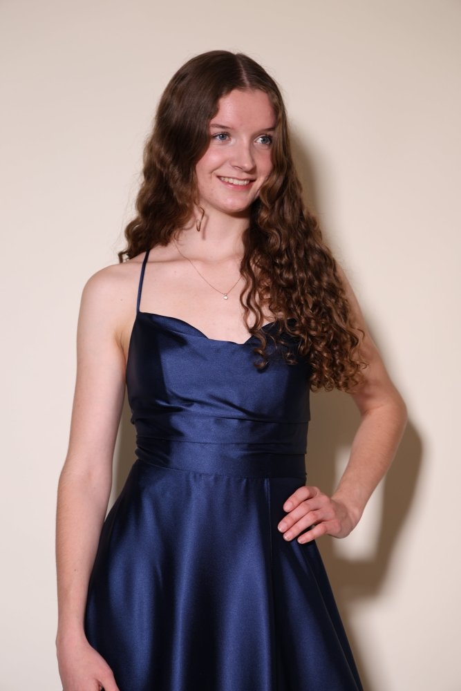 Ballkleid - Satin mit Schnürung, Schlitz und Wasserfallausschnitt, marineblau - Dein Kleiderladen
