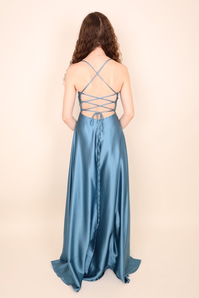 Abendkleid mit Schnürung, Wasserfallausschnitt und hohem Beinschlitz, ozeanwelle - Dein Kleiderladen
