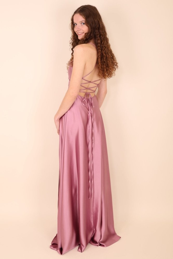 Abendkleid mit Schnürung, Wasserfallausschnitt und hohem Beinschlitz, rosa - Dein Kleiderladen