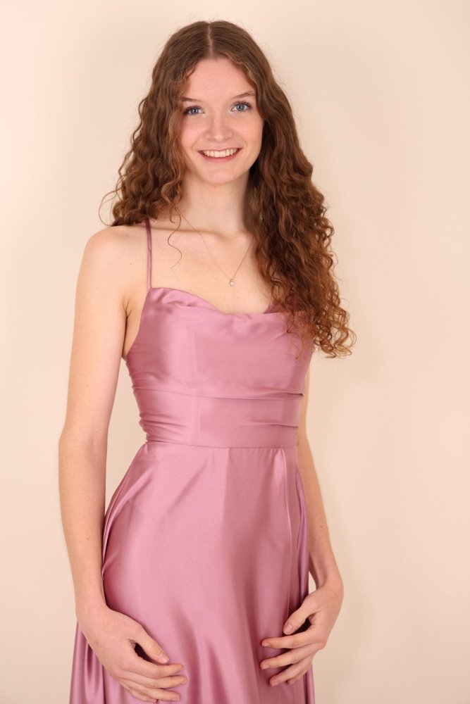 Abendkleid mit Schnürung, Wasserfallausschnitt und hohem Beinschlitz, rosa - Dein Kleiderladen