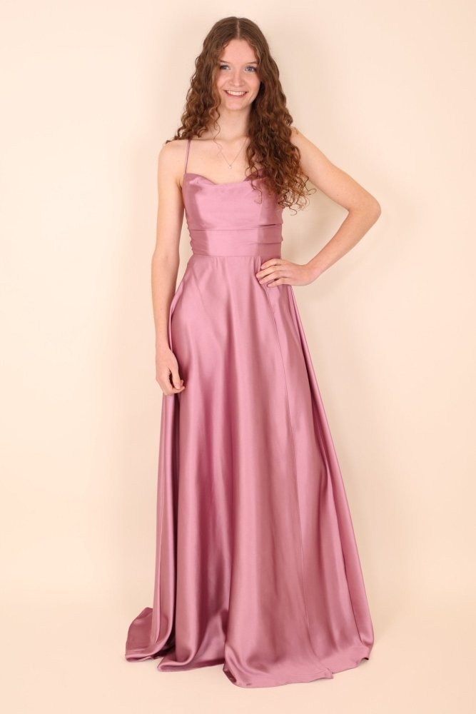 Abendkleid mit Schnürung, Wasserfallausschnitt und hohem Beinschlitz, rosa - Dein Kleiderladen
