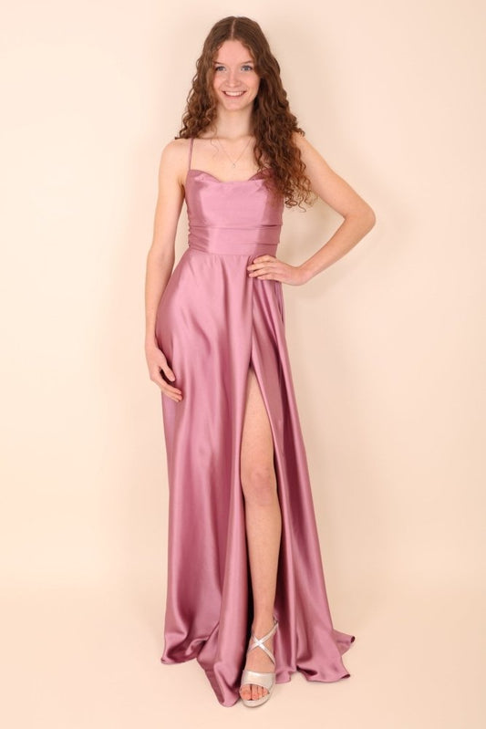 Ballkleid - Satin mit Schnürung, Schlitz und Wasserfallausschnitt, rosa- Dein Kleiderladen