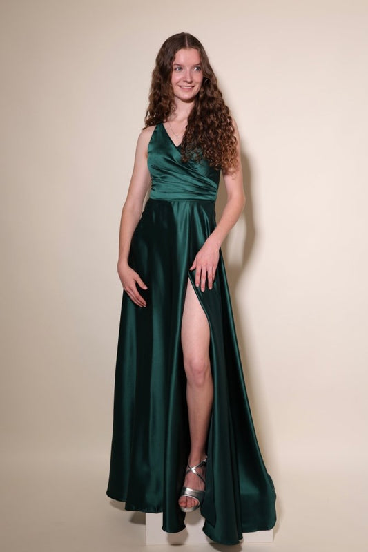 Ballkleid - Satin mit Schnürung und Schlitz, dunkelgrün - Dein Kleiderladen