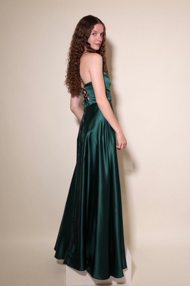 Ballkleid - Satin mit Schnürung und Schlitz, dunkelgrün - Dein Kleiderladen