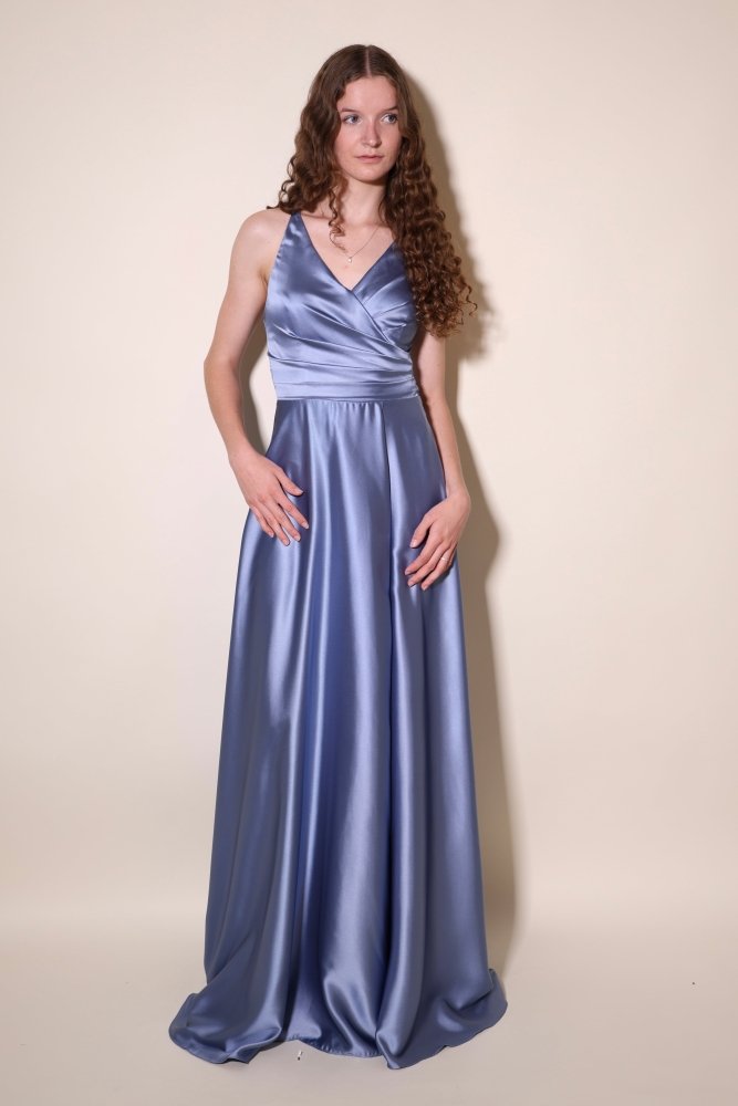 Ballkleid - Satin mit Schnürung und Schlitz, graublau - Dein Kleiderladen