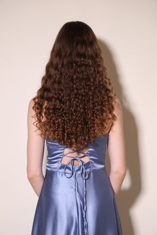 Ballkleid - Satin mit Schnürung und Schlitz, graublau - Dein Kleiderladen