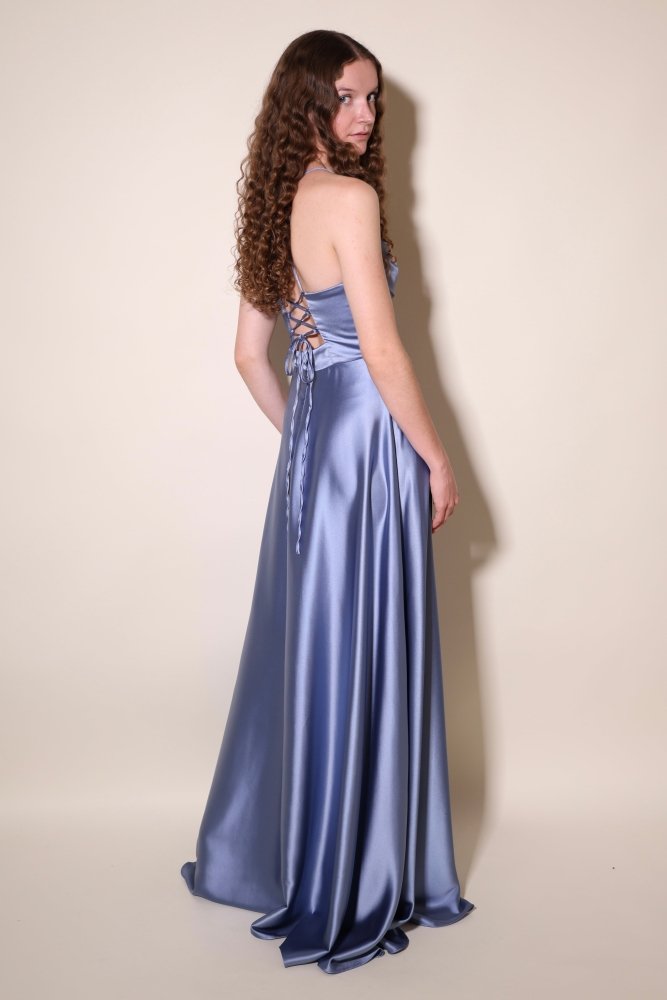 Ballkleid - Satin mit Schnürung und Schlitz, graublau - Dein Kleiderladen