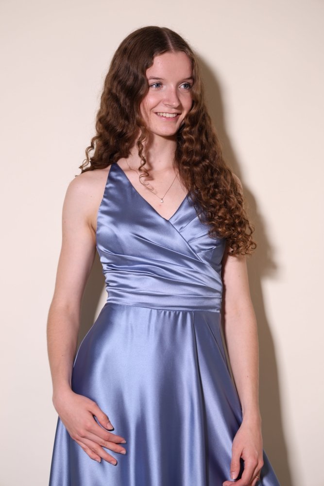 Ballkleid - Satin mit Schnürung und Schlitz, graublau - Dein Kleiderladen