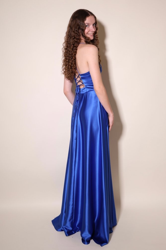 Ballkleid - Satin mit Schnürung und Schlitz, königsblau - Dein Kleiderladen