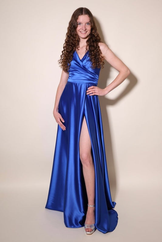 Ballkleid - Satin mit Schnürung und Schlitz, königsblau - Dein Kleiderladen