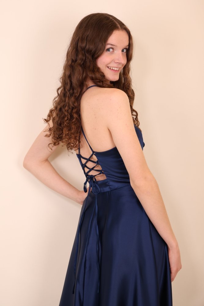 Ballkleid - Satin mit Schnürung und Schlitz, marineblau - Dein Kleiderladen