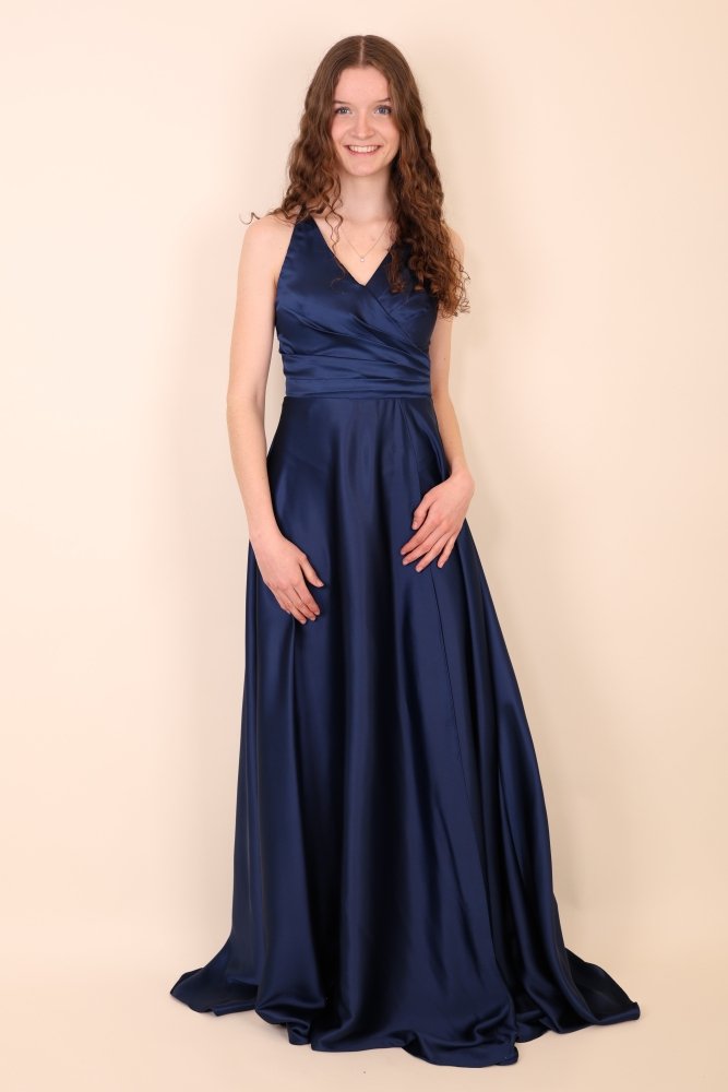 Ballkleid - Satin mit Schnürung und Schlitz, marineblau - Dein Kleiderladen