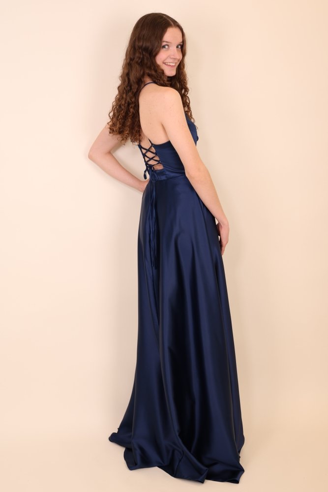 Ballkleid - Satin mit Schnürung und Schlitz, marineblau - Dein Kleiderladen