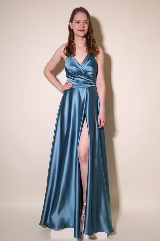 Ballkleid - Satin mit Schnürung und Schlitz, ozeanwelle - Dein Kleiderladen