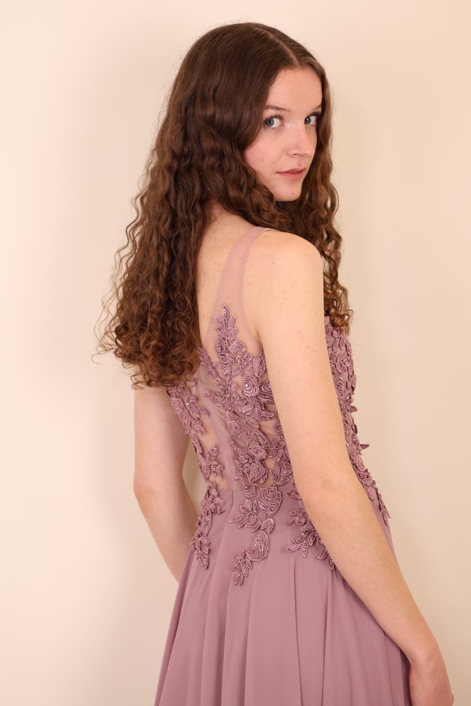 Bodenlanges Kleid mit floraler Spitze, altrosa - Dein Kleiderladen