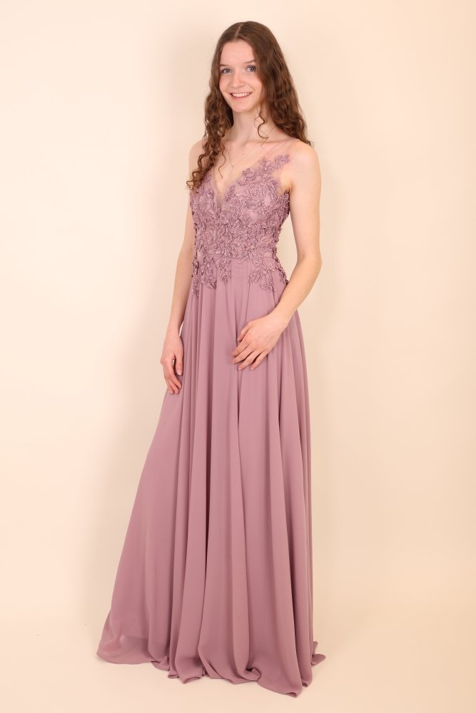 Bodenlanges Kleid mit floraler Spitze, altrosa - Dein Kleiderladen