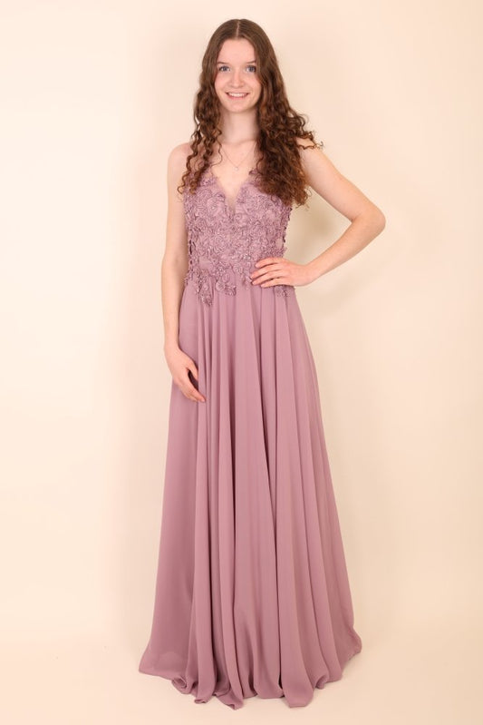 Bodenlanges Kleid mit floraler Spitze, altrosa - Dein Kleiderladen