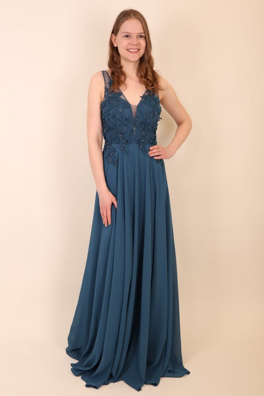 Bodenlanges Kleid mit floraler Spitze, petrol - Dein Kleiderladen