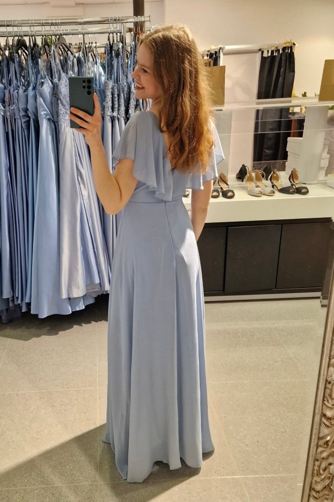 Chiffon - Abendkleid mit V - Ausschnitt & kurzen Ärmeln, hellblau - Dein Kleiderladen